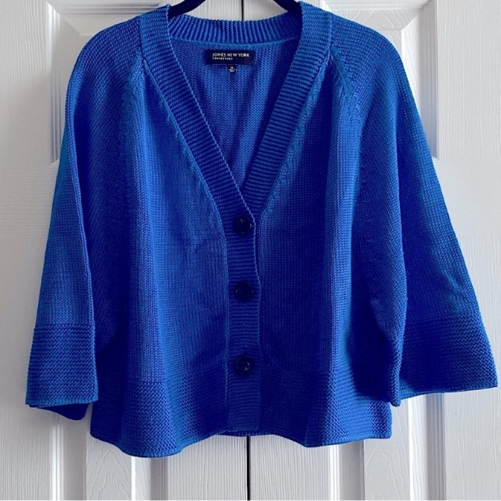JONES NEW YORK COTTON KNIT KIMONO SLEEVE CROPPED V NECK CARDIGAN Blue M